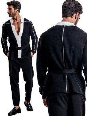 Orttu Star Neck Knitted Cardigan Sweater Men's M/L Black Wrap Belted Designer